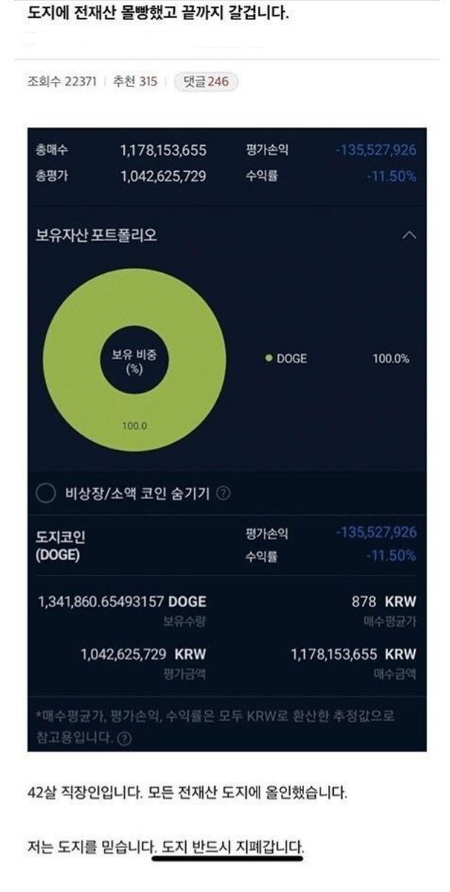 1년전에 도지 코인에 11억 박은 사람 근황 