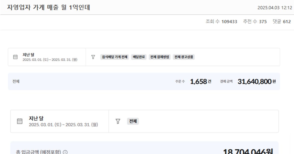 매출 월 1억 자영업자 가게 순마진